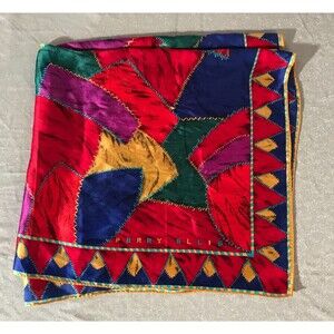 Vintage 90s Perry Ellis Silk Scarf 1990s Multi-Color Bold Vibrant Coloful